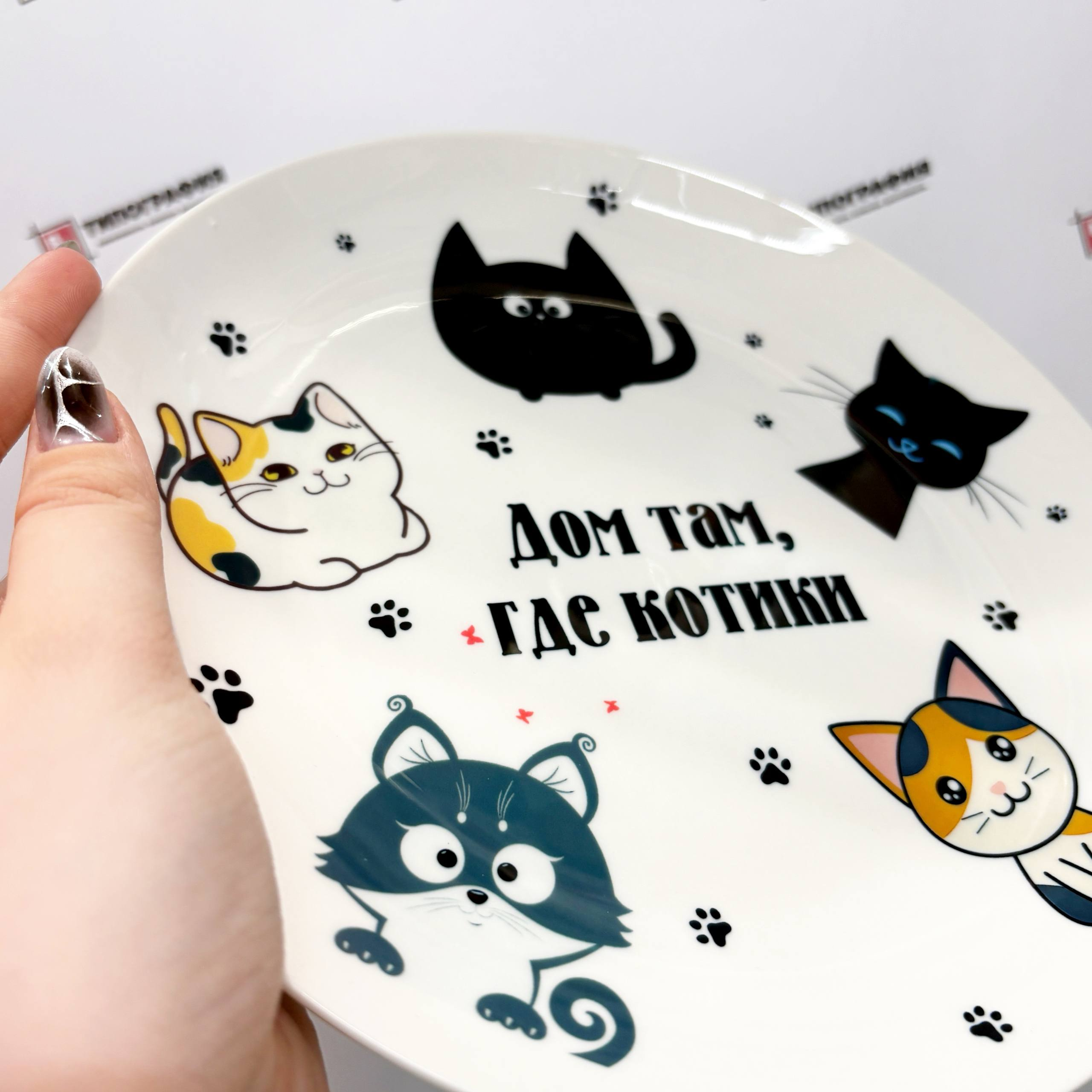 Тарелка с рисунками котов и надписью «Дом там, где котики»